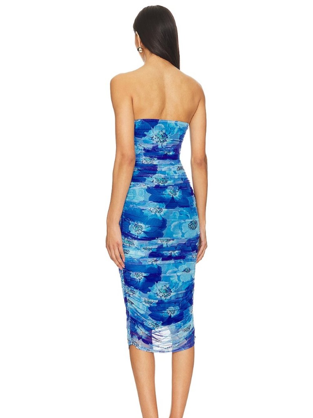 MORE TO COME Micayla Ruched Dress in Blue Floral strapless bodycon - Picture 2 of 5